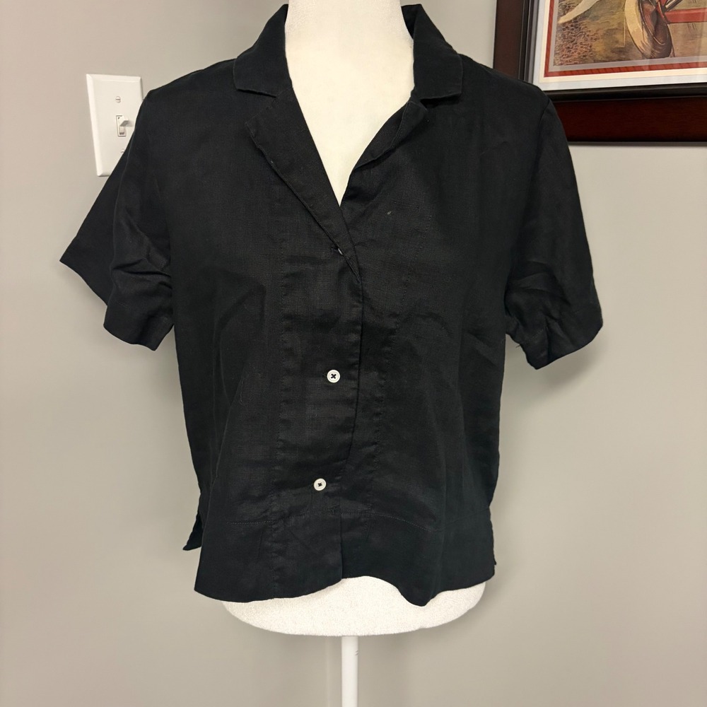 Quince Black 100% European Linen Short Sleeve Button Down Shirt Top XS SNF1001